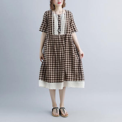 Lacing Short Sleeve Plaid Pockets Retro Casual Gray Dress