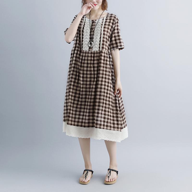 Lacing Short Sleeve Plaid Pockets Retro Casual Dress