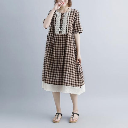 Lacing Short Sleeve Plaid Pockets Retro Casual Gray Dress