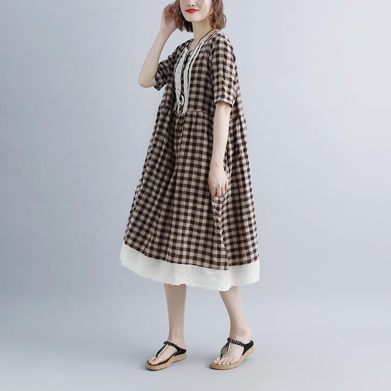 Lacing Short Sleeve Plaid Pockets Retro Casual Dress