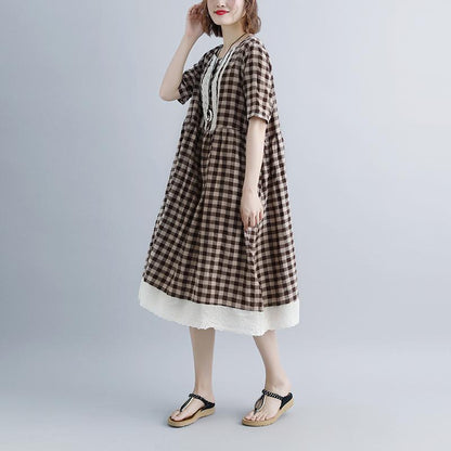 Lacing Short Sleeve Plaid Pockets Retro Casual Dress