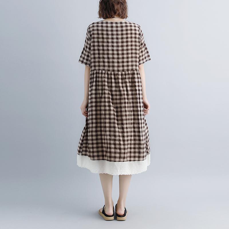 Lacing Short Sleeve Plaid Pockets Retro Casual Dress