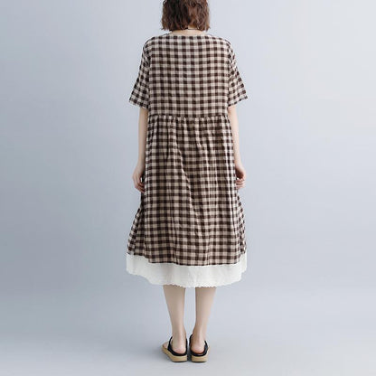 Lacing Short Sleeve Plaid Pockets Retro Casual Dress
