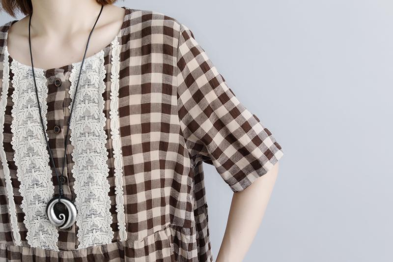 Lacing Short Sleeve Plaid Pockets Retro Casual Dress