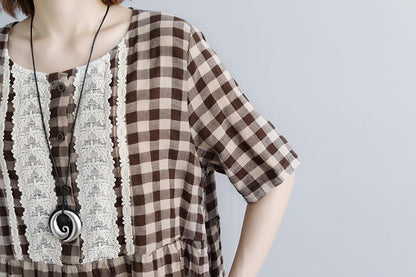 Lacing Short Sleeve Plaid Pockets Retro Casual Dress