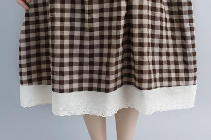 Lacing Short Sleeve Plaid Pockets Retro Casual Dress