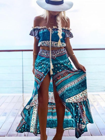 Cotton Two-piece Split Front Bohemia Off Shoulder Beach Skirt Outfits Dress Suit
