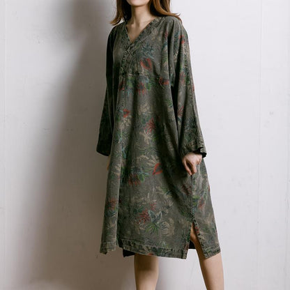 Leaf Printed V-Neck Split Midi Dress