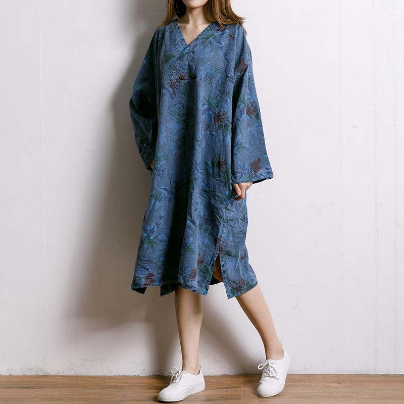 Leaf Printed V-Neck Split Midi Dress