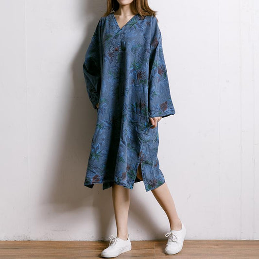 Leaf Printed V-Neck Split Midi Dress