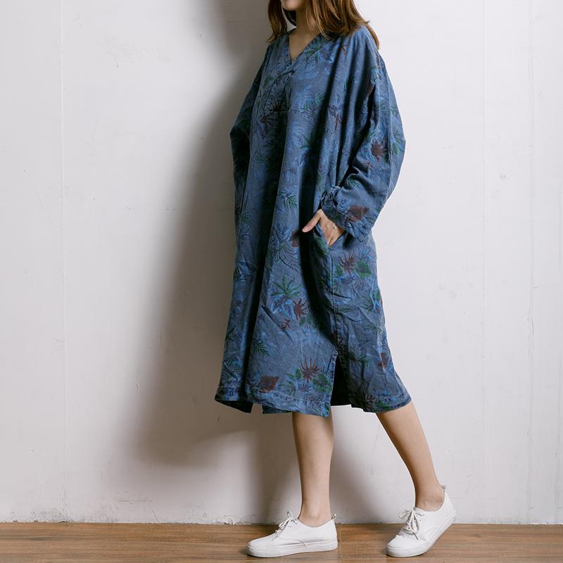 Leaf Printed V-Neck Split Midi Dress