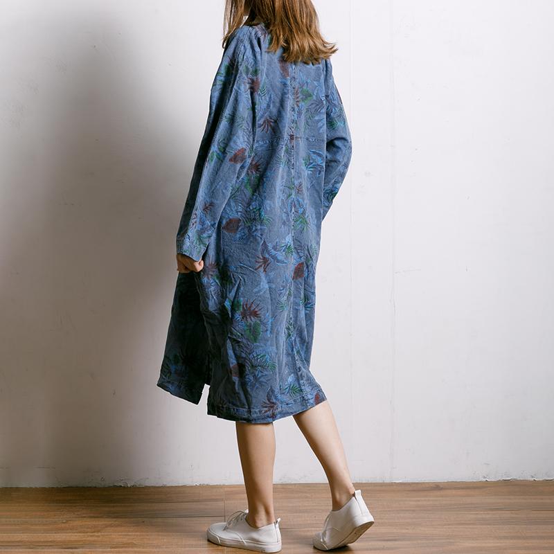 Leaf Printed V-Neck Split Midi Dress