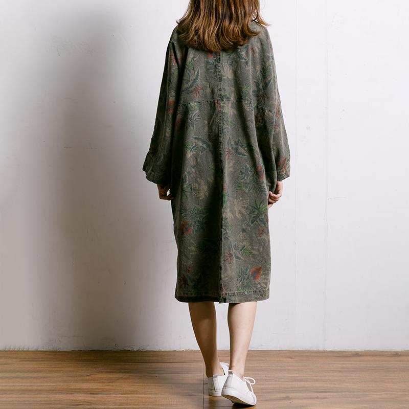 Leaf Printed V-Neck Split Midi Dress