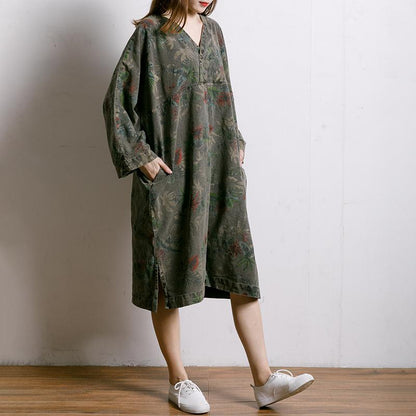 Leaf Printed V-Neck Split Midi Dress