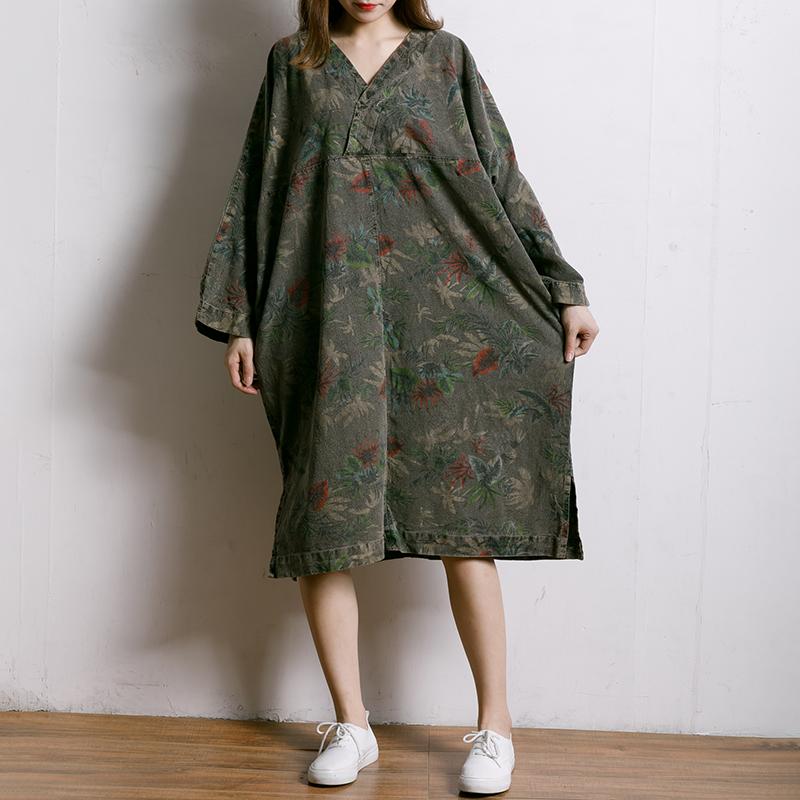 Leaf Printed V-Neck Split Midi Dress