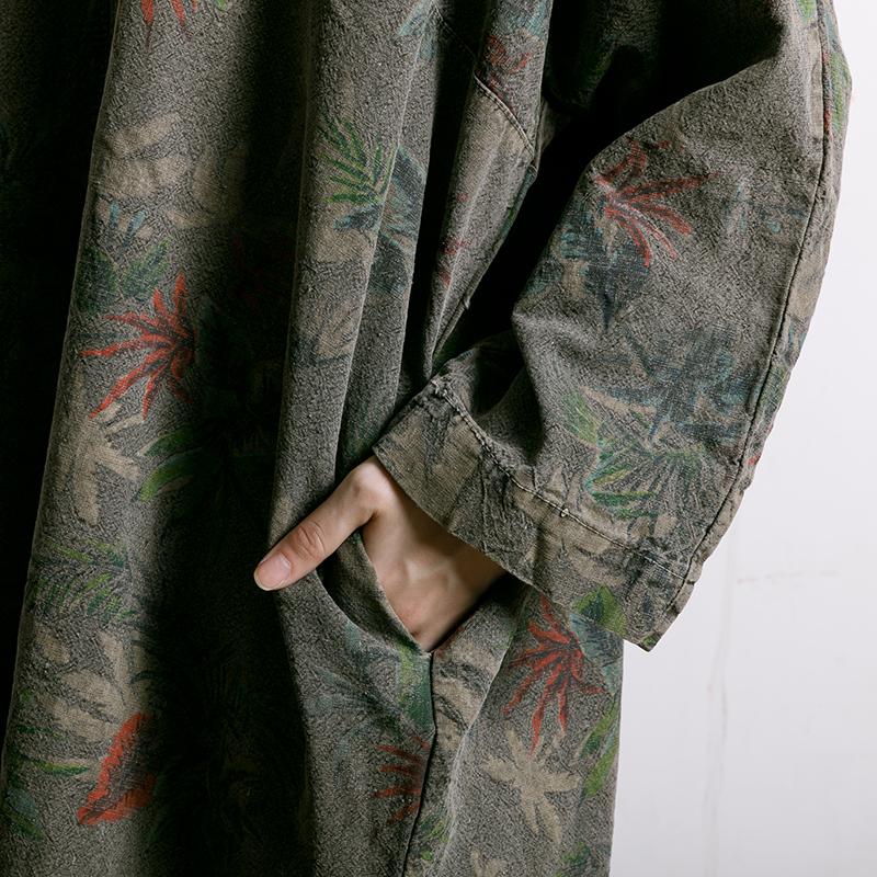 Leaf Printed V-Neck Split Midi Dress