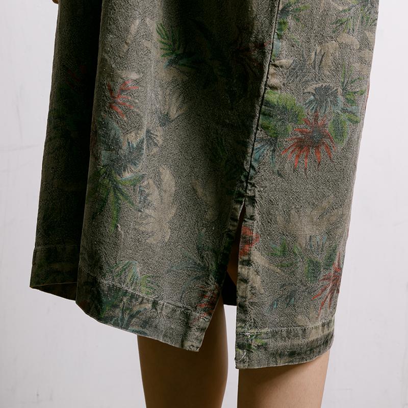 Leaf Printed V-Neck Split Midi Dress