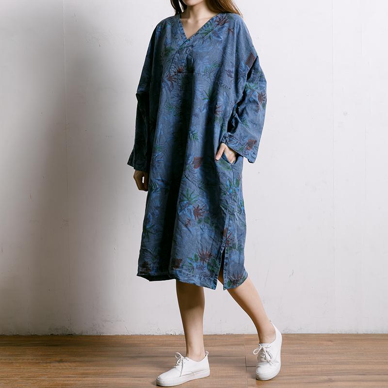 Leaf Printed V-Neck Split Midi Dress