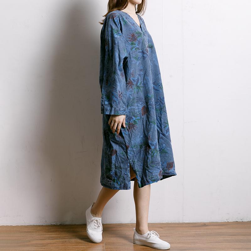 Leaf Printed V-Neck Split Midi Dress