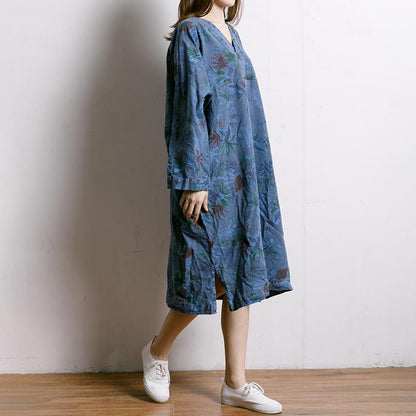 Leaf Printed V-Neck Split Midi Dress