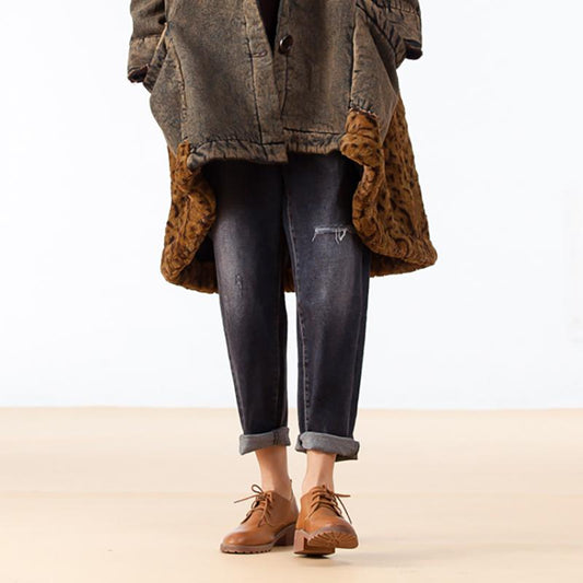 Women Autumn Winter Black Denim Pants