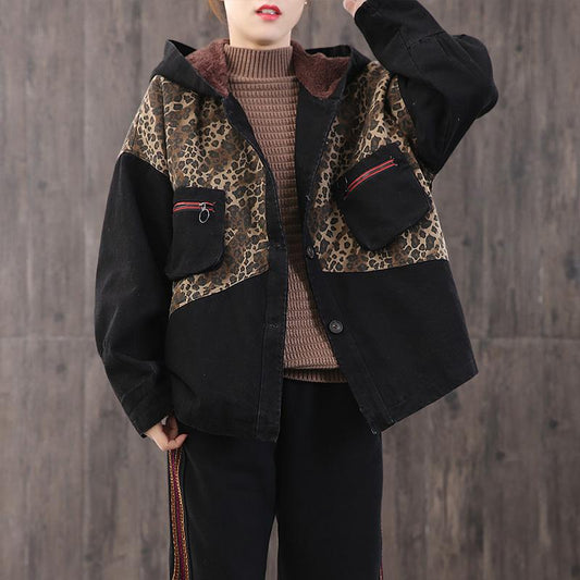 Leopard Print Stitching Casual Winter Coat