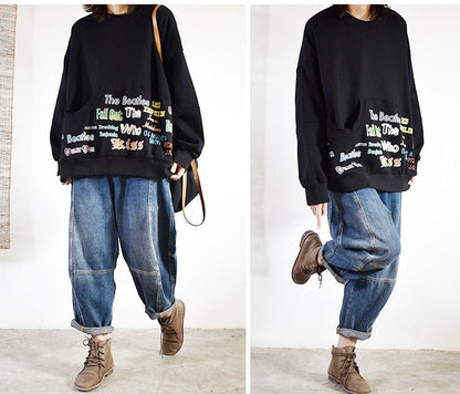 Letter Printed Casual Irregular Pocket Sweatshirt