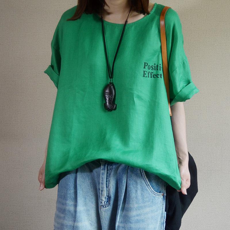 Letter Printed Loose Pullover Linen T-Shirt