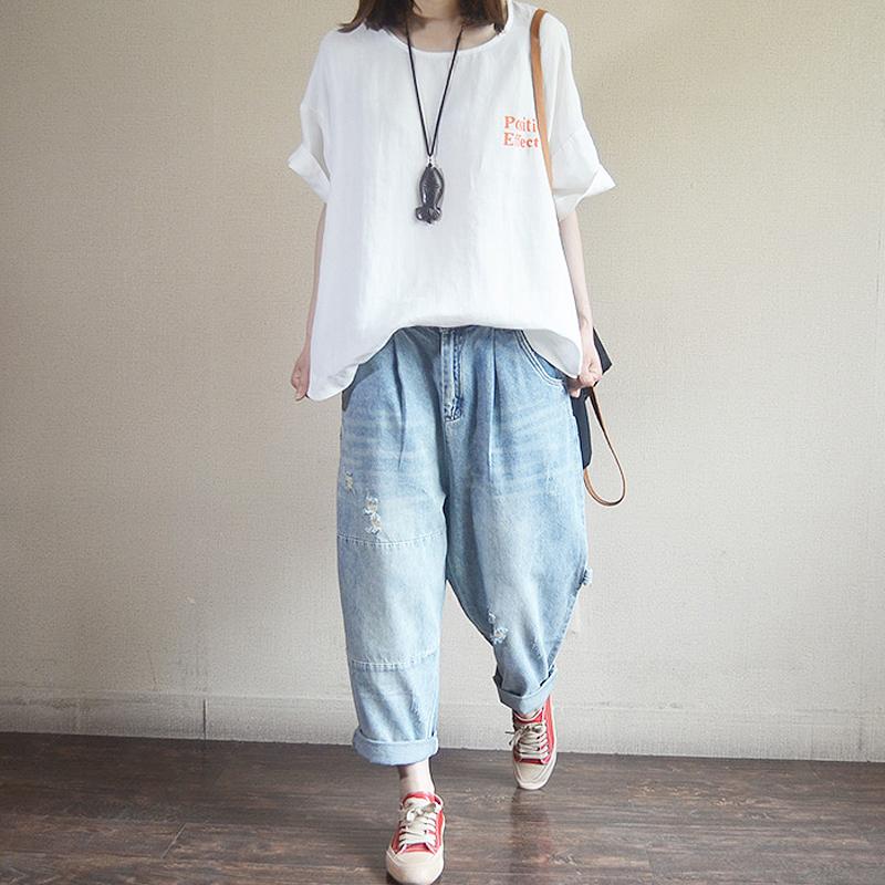 Letter Printed Loose Pullover Linen T-Shirt
