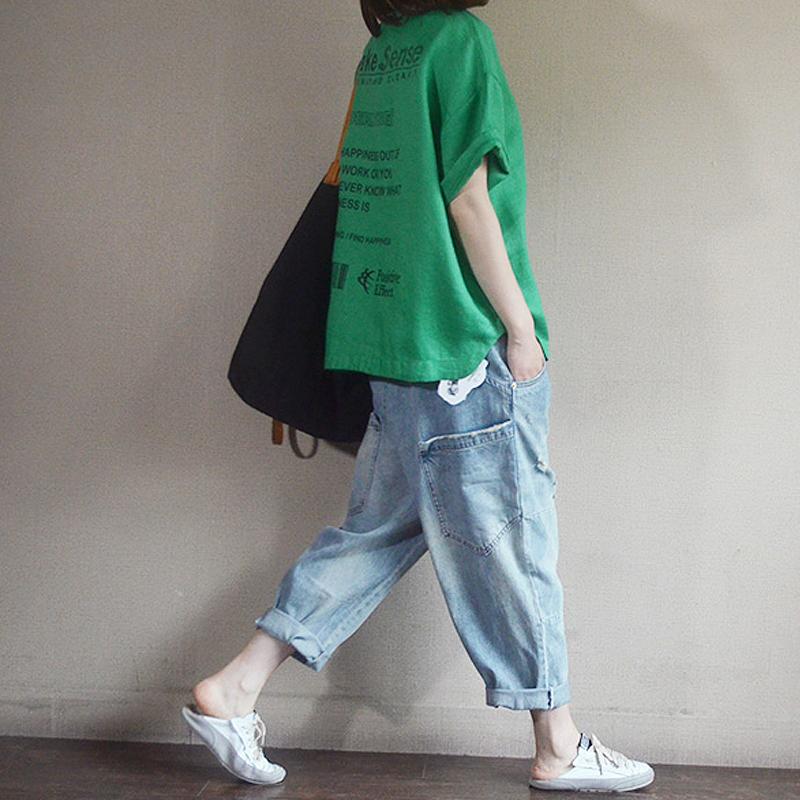 Letter Printed Loose Pullover Linen T-Shirt