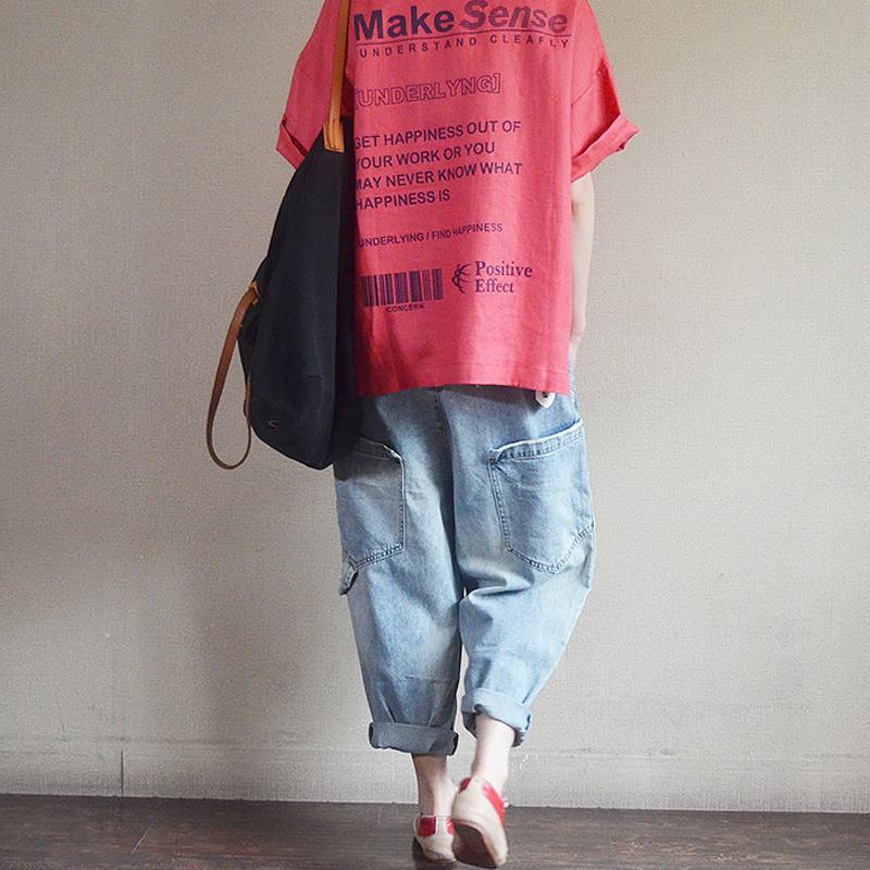 Letter Printed Loose Pullover Linen T-Shirt