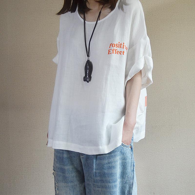 Letter Printed Loose Pullover Linen T-Shirt
