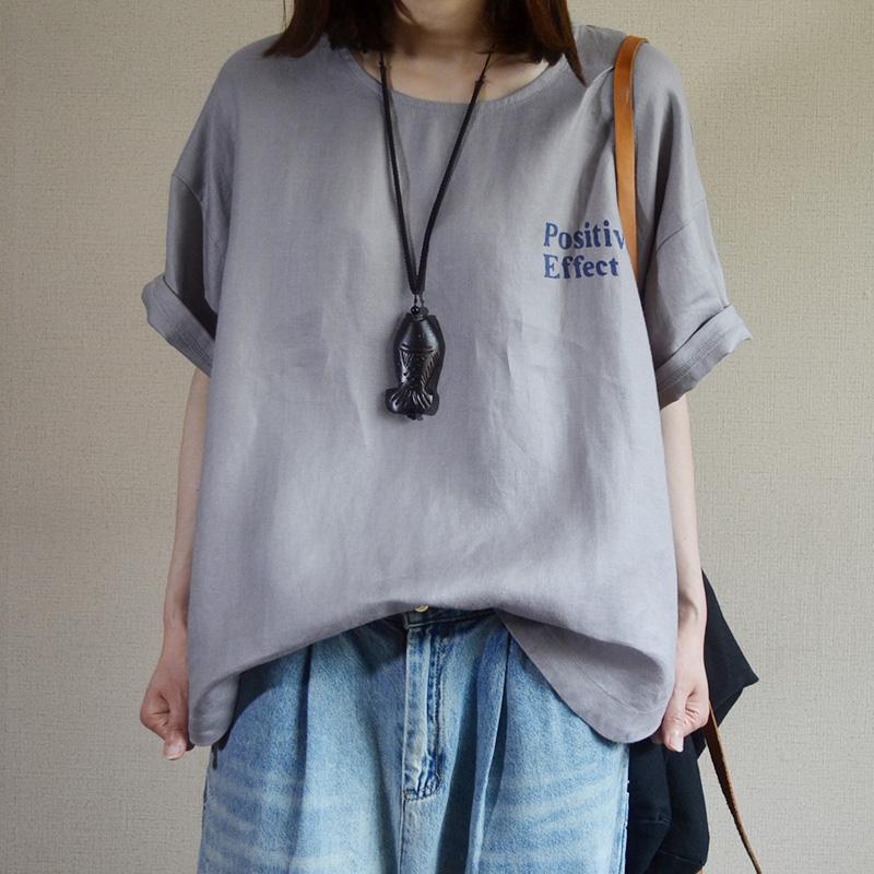 Letter Printed Loose Pullover Linen T-Shirt