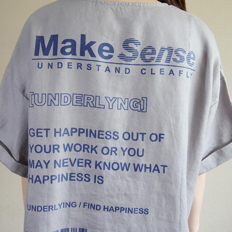 Letter Printed Loose Pullover Linen T-Shirt