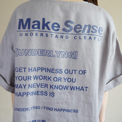 Letter Printed Loose Pullover Linen T-Shirt