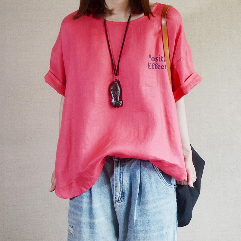 Letter Printed Loose Pullover Linen T-Shirt