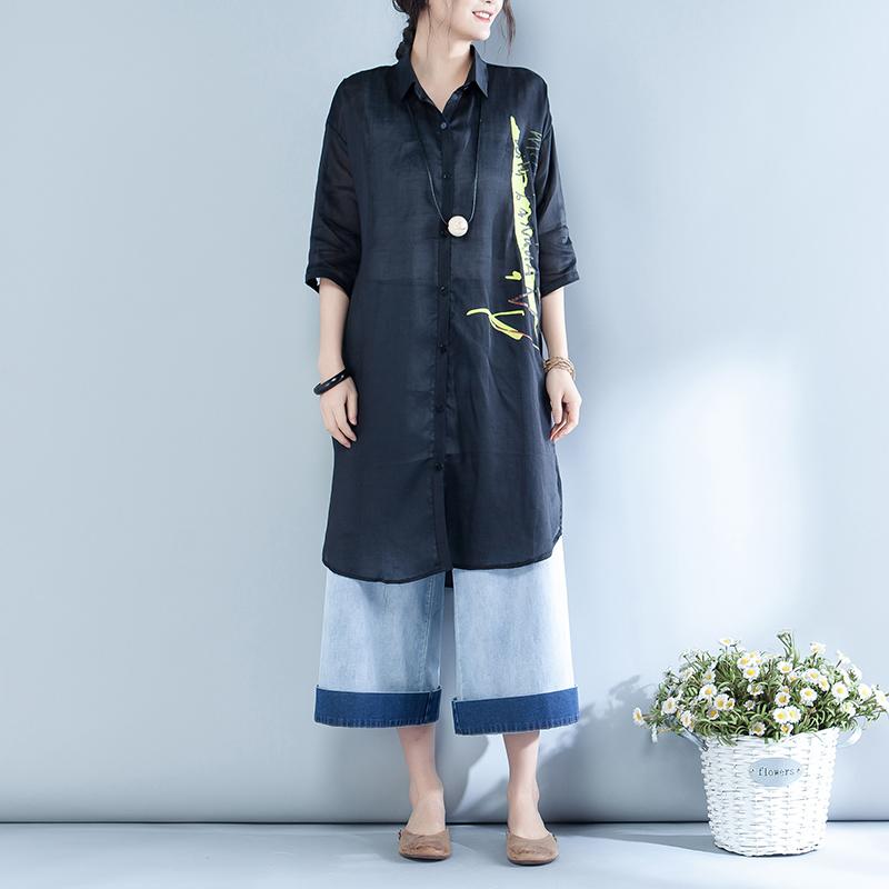 Letter Printed Single Breasted Long Shirt