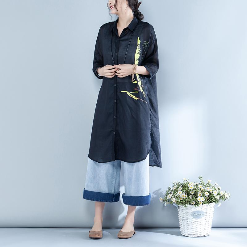 Letter Printed Single Breasted Long Shirt