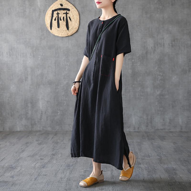 Linen A-Line Loose Short Sleeve Embroidery Dress