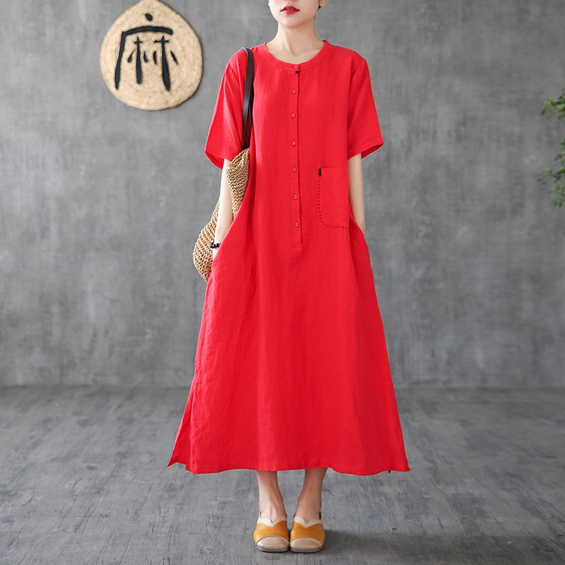 Linen A-Line Loose Short Sleeve Embroidery Dress