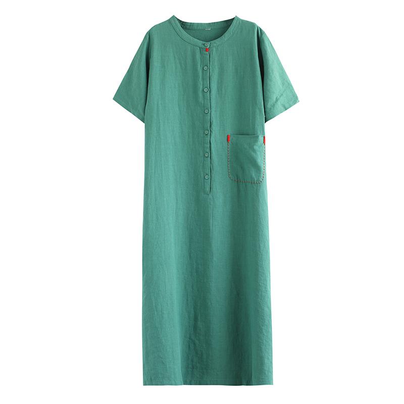 Linen A-Line Loose Short Sleeve Embroidery Dress