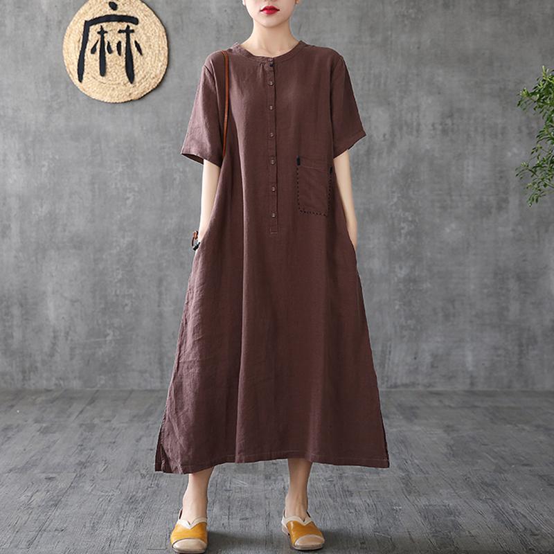 Linen A-Line Loose Short Sleeve Embroidery Dress