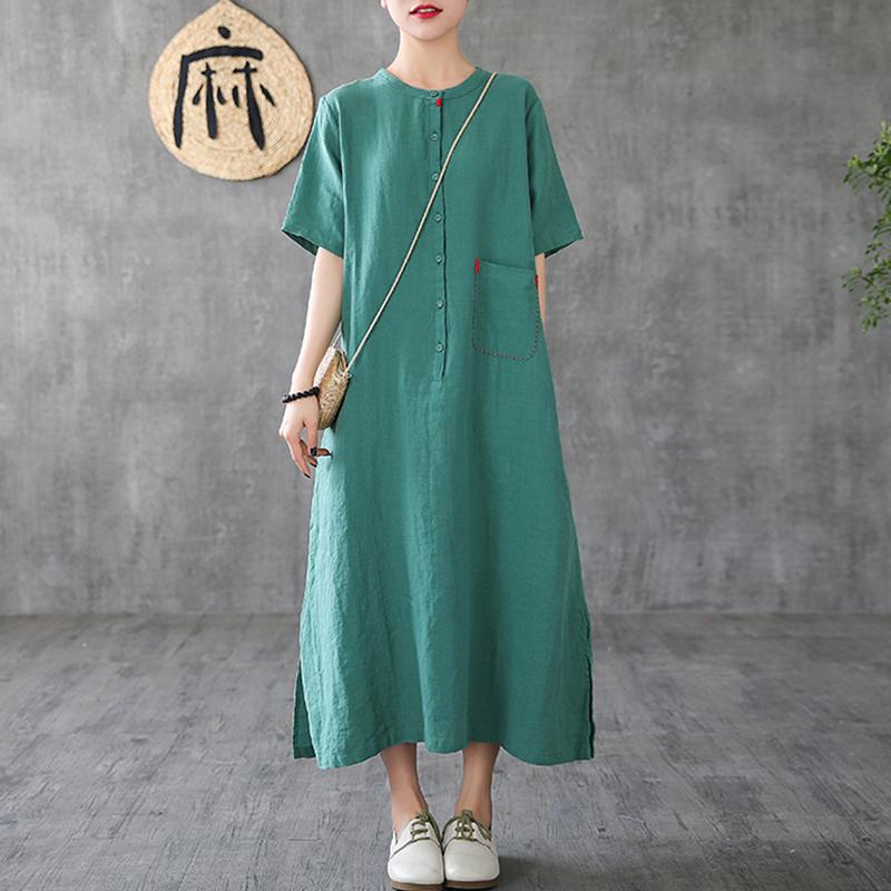 Linen A-Line Loose Short Sleeve Embroidery Dress