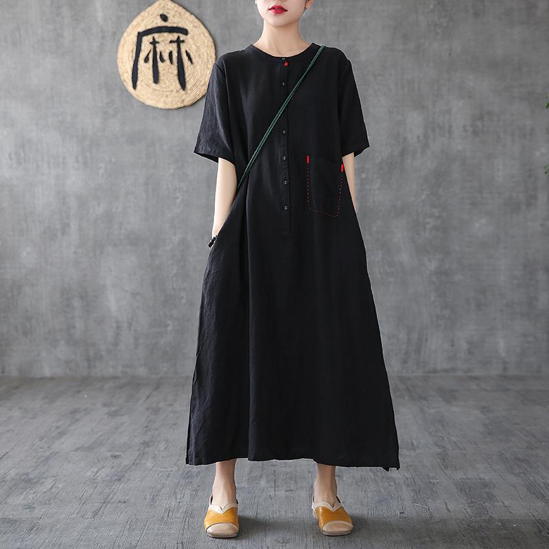 Linen A-Line Loose Short Sleeve Embroidery Dress