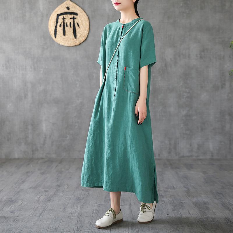 Linen A-Line Loose Short Sleeve Embroidery Dress