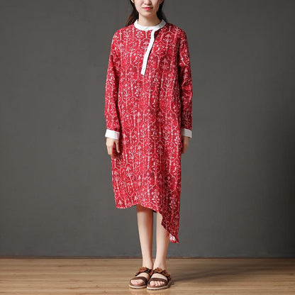 Linen Autumn Red Stand Collar Long Sleeve Flower Retro Dress