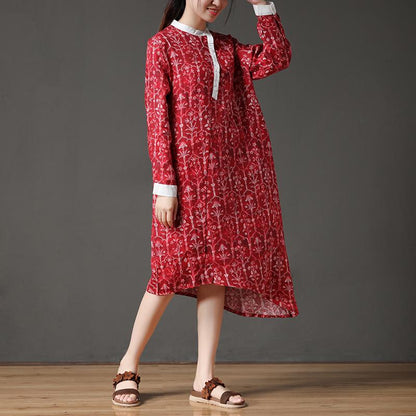 Linen Autumn Red Stand Collar Long Sleeve Flower Retro Dress