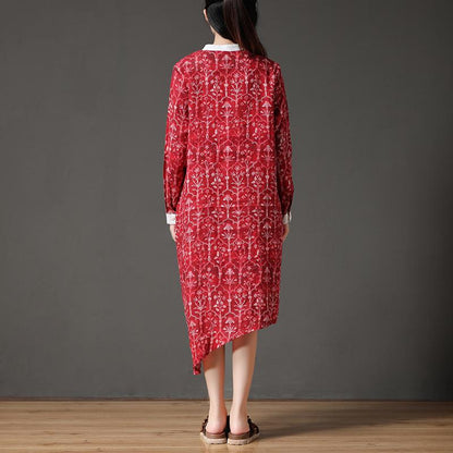 Linen Autumn Red Stand Collar Long Sleeve Flower Retro Dress