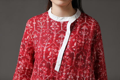 Linen Autumn Red Stand Collar Long Sleeve Flower Retro Dress