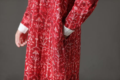 Linen Autumn Red Stand Collar Long Sleeve Flower Retro Dress